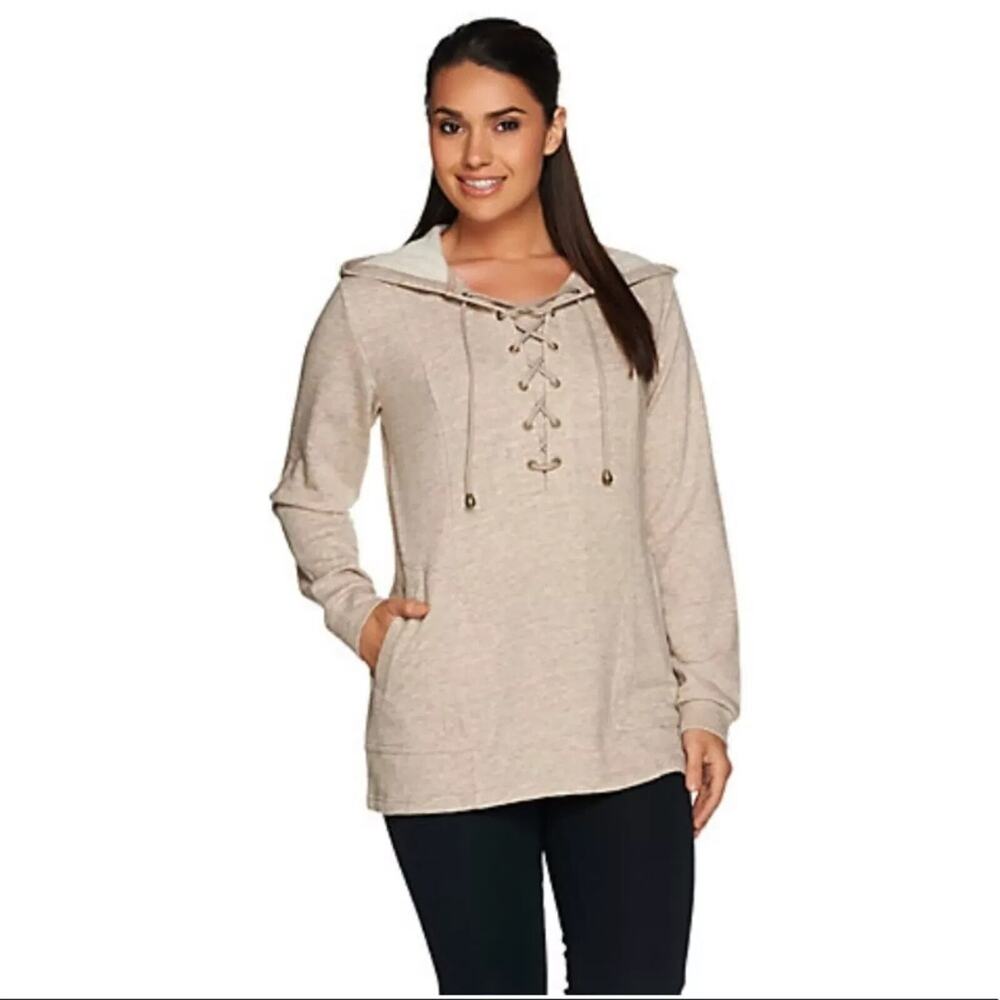 Linea Leisure Lace Up Hoodie Sweatshirt with Pockets Beige Tan Size Large L